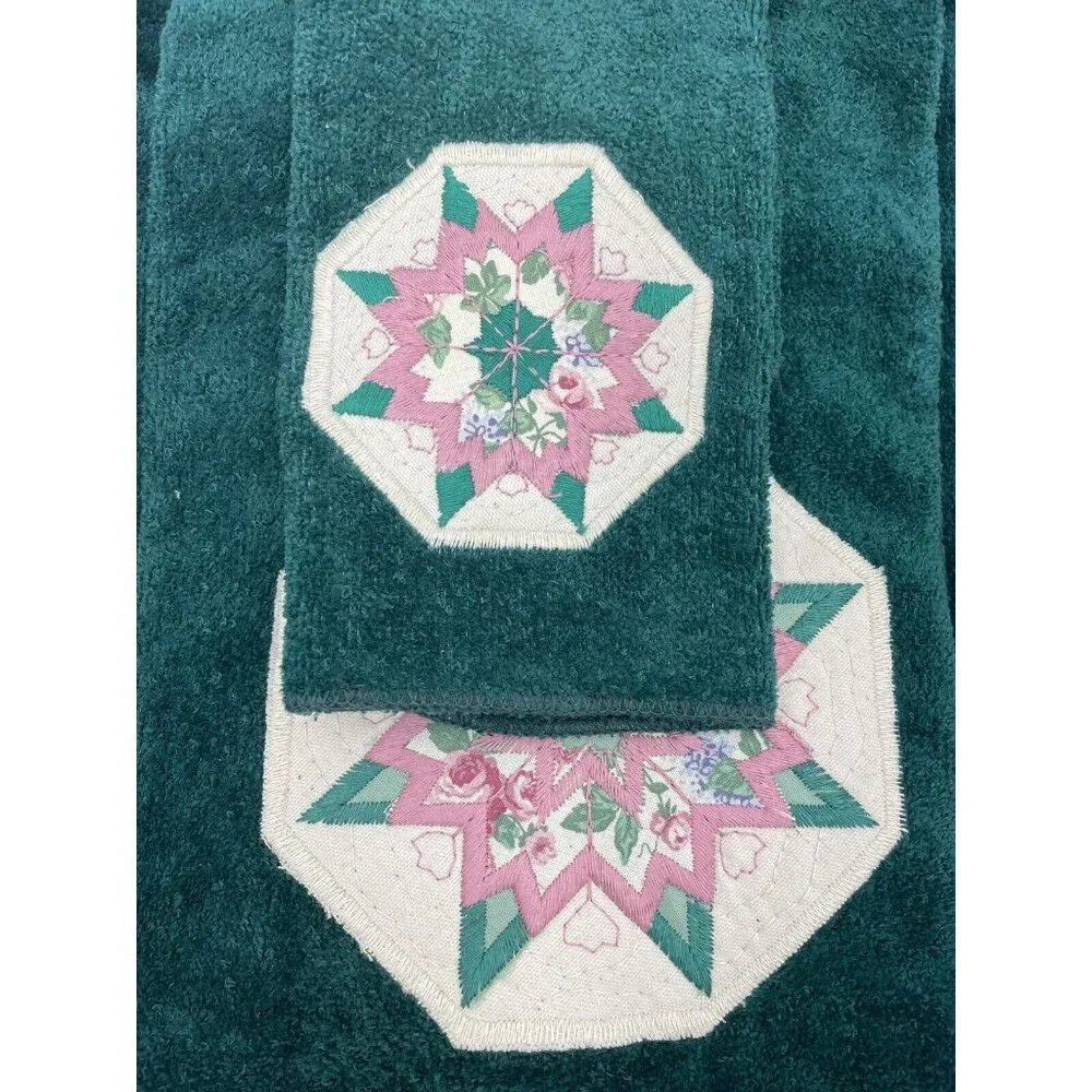 Vintage Royal Terry 3 Pc Bath Towel Set Ensemble Quilted Star Embroidered Green